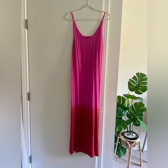 Billabong Ombre Sunset Pink Red Maxi Strappy Vacation Summer Dress with Slit - Picture 2 of 3